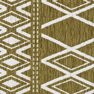 A sample of a flat woven fabric from the Boho Chic Collection with gold and white patterns.