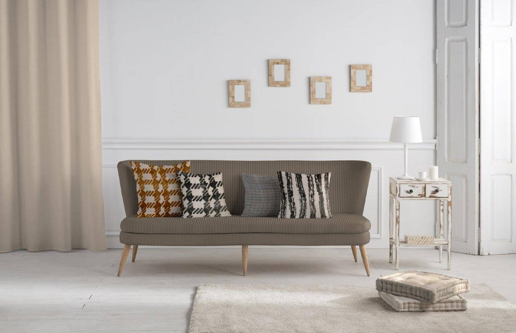 pillows in Inari style on bench in minimalist living room