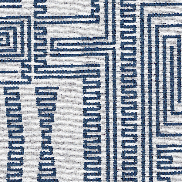 A white-coloured sample of a flat woven fabric from the City Modern Collection with blue stripes and patterns.