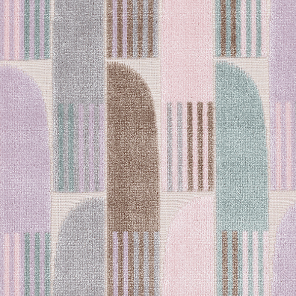 A sample of velvet woven fabric form the City Modern Collection with green, brown, purple and pink patterns and lines.