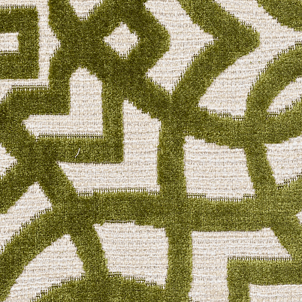 A white-coloured sample of velvet woven fabric from the Inari Collection with green patterns.